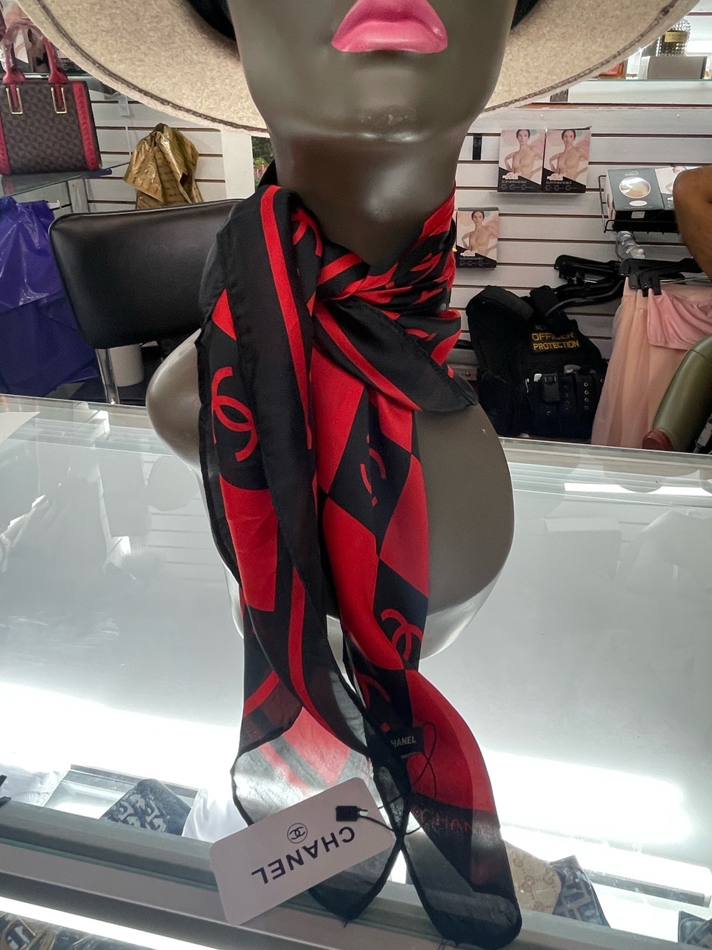 CHANEL Black and Red Logo Silk Scarf Wrap